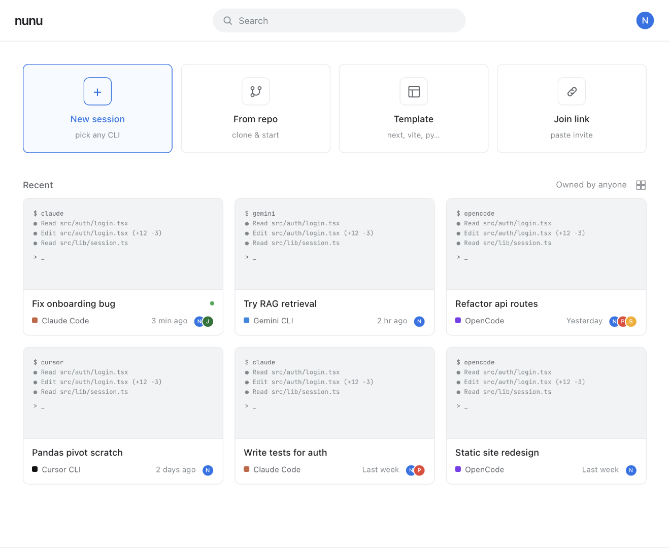 nunu landing page with Docs-style tile grid (New session, From repo, Template, Join link) and a Recent grid below